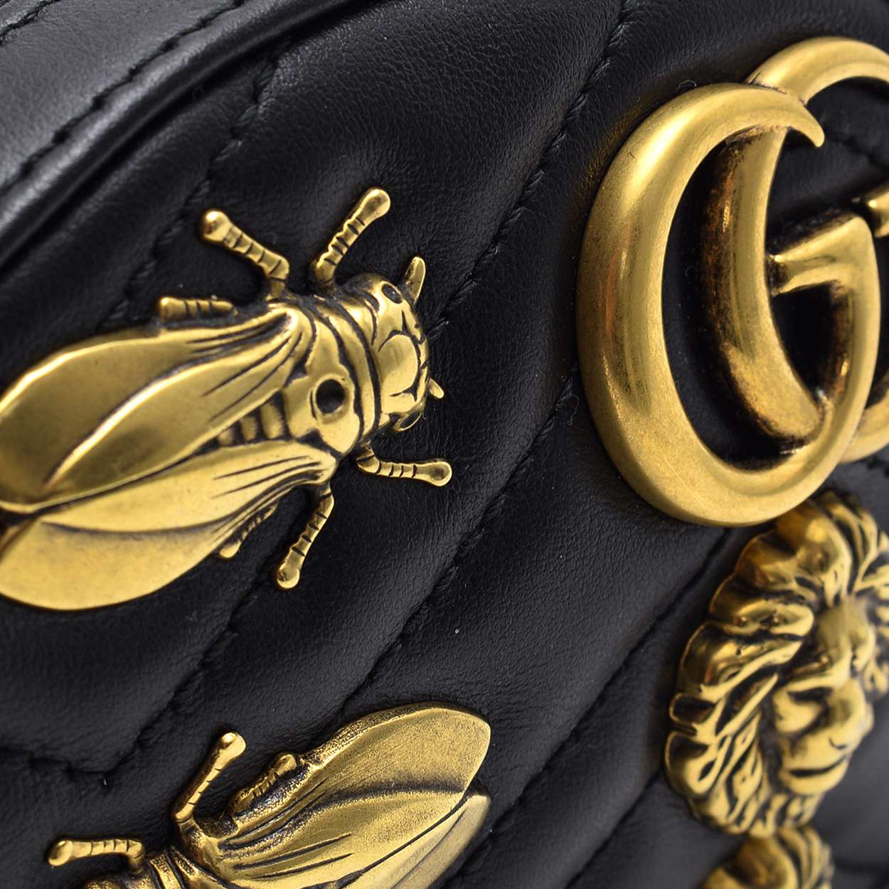Gucci - Black Leather Gg Marmont Matelasse  Animal Stud Belt Bag